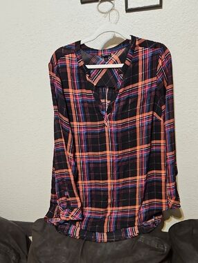 torrid Black Plaid Blouse with Orange & Blue Stripes